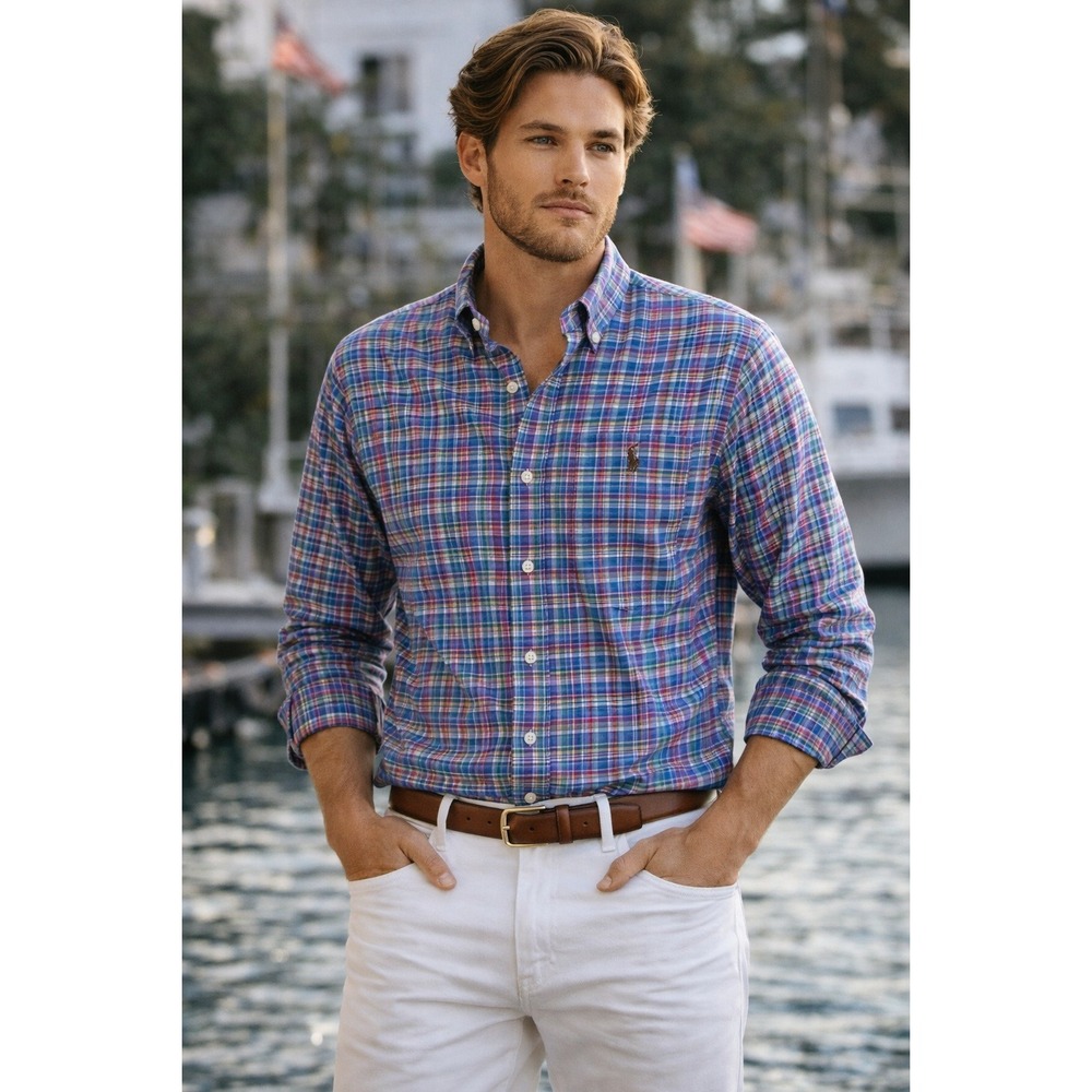 Polo Ralph‎ Lauren Shirt Mens L Blue Check Tan Pony Cotton Button Down Preppy